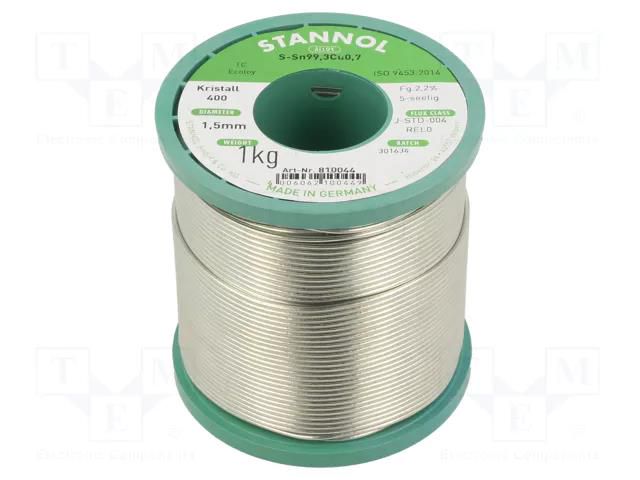 Tin; lead free; Sn99,3Cu0,7; 1.5mm; 1kg; reel; 227°C; Flux: SW33 STANNOL S99C1K400/1.5/1.0