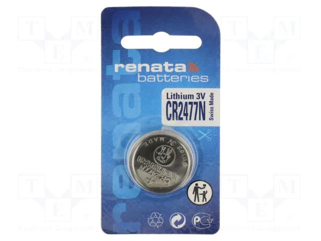 Battery: lithium; CR2477N; 3V; 950mAh; non-rechargeable RENATA BAT-CR2477N/RE-B