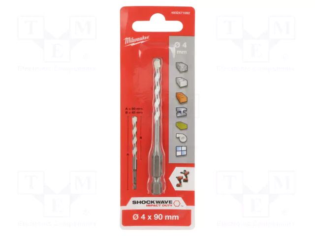 Drill bit; Ø: 4mm; L: 45mm; tungsten carbide; Drill Bit: impact Milwaukee MW-4932471092