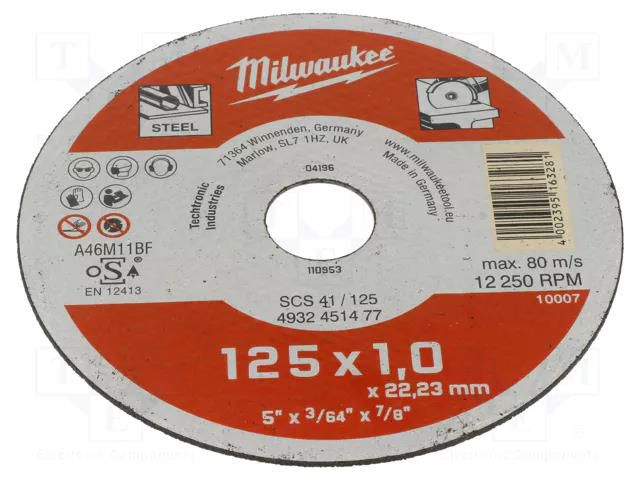 Cutting wheel; Ø: 125mm; Øhole: 22.2mm; Disc thick: 1mm Milwaukee MW-4932451477