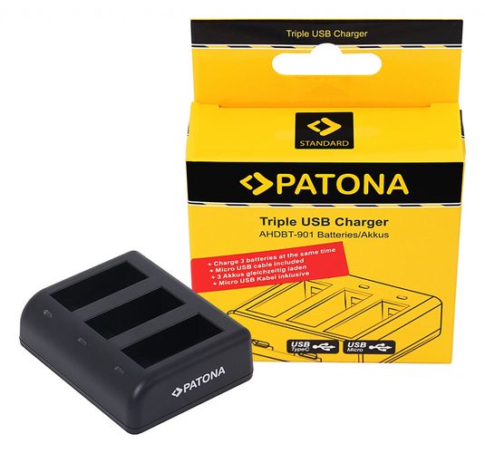 PATONA Tripple Charger for GoPro Hero 9 Hero 10 Hero 11 AHDBT901 ADBAT001 ADDBD-211 incl. Micro USB Cable, PATONA 9884 4055655225380