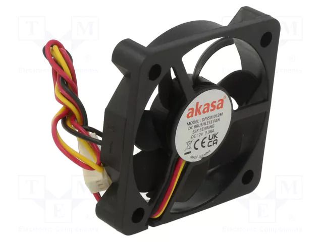 Fan: DC; axial; 12VDC; 50x50x10mm; 28.21dBA; EBR; 4500rpm; 2.63mmH2O Akasa DFS501012M