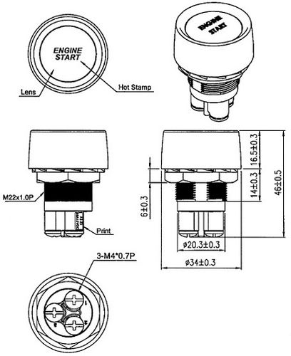 Pushbutton OFF-(ON) nonfixed, 3k. 50A/12VDC, Ø22mm, SPST, OFF-(ON) with LED light red A2-23B-07