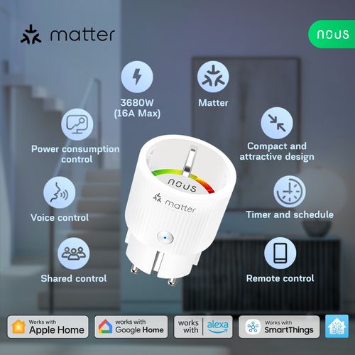 Išmanioji rozetė Wi-Fi MATTER, 230Vac 16A, su energijos matavimu, TUYA / Smart Life, Google Home, Apple Home NOUS-A8M 5905072800549