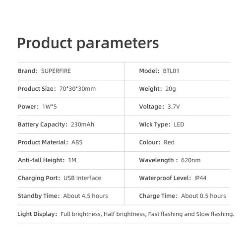 Bicycle tail light, RED, rechargable micro USB, 1W, 4.5h., IP44, 230mAh SUPERFIRE-BTL01 6956362995109