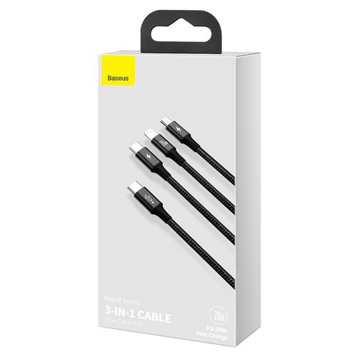 Cable USB C plug - USB C (15W) / micro USB (10W) / IP Lightning (20W) connector cable 1.5m  black Rapid BASEUS CAMLT-SC01 6953156204294