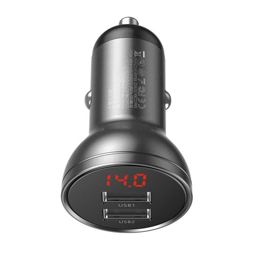 Car Charger 24W 12-24V 2xUSB 4.8A with LED Display, Grey CCBX-0G 6953156215399