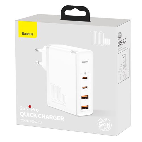 Wall Quick Charger GaN2 Pro 100W 2xUSB + 2xUSB-C QC4+ PD3.0 with USB-C Cable, White CCGAN2P-L02 6953156204690