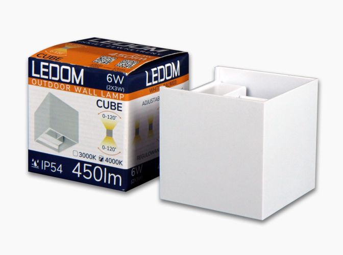 Outdoor wall mounted luminaire LED 2x3W 4000K IP54, adjustable, white CUBE, LEDOM 478184