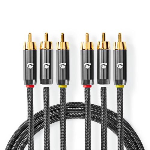 Composite Video Cable | 3x RCA Male | 3x RCA Male | Gold Plated | 480p | 2.00 m | Round | Cotton | Anthracite / Gun Metal Grey | Cover Window Box CVTB24300GY20 5412810318841