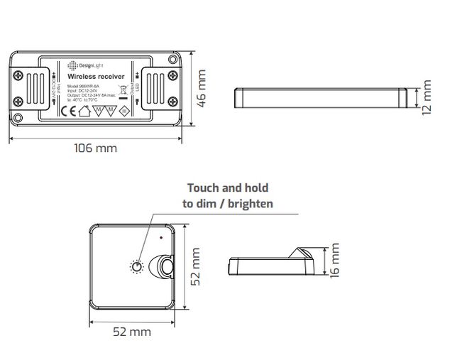 Wireless motion sensor 12-24Vdc, 8A, controller + PIR motion sensor, dimming function, white, Design Light DELI-ZES-1P-BI-02 5908293400796