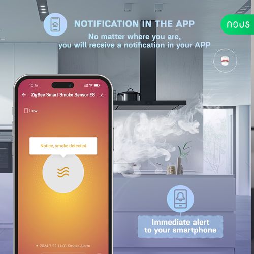 Išmanusis bevielis patalpos dūmų jutiklis su 85dB sirena, TUYA ZigBee MQTT NOUS-E8