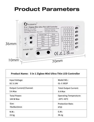 LED valdiklis SLIM, ZigBee +RF, 5-24V 6A/CH , RGB, RGBW, RGB+CCT, CCT, DIM GL-C-002P 6978699220051