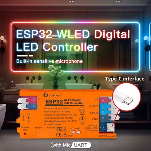 Skaitmeninių LED juostų valdiklis, 5-24Vdc, 15A, 800pix, su mikrofonu, WLED ESP32 Wi-Fi, UART USB-C GL-C-016WL-D 6978699220013