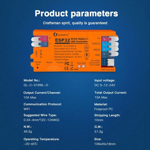 Skaitmeninių LED juostų valdiklis, 5-24Vdc, 15A, 800pix, su mikrofonu, WLED ESP32 Wi-Fi, UART USB-C GL-C-016WL-D 6978699220013