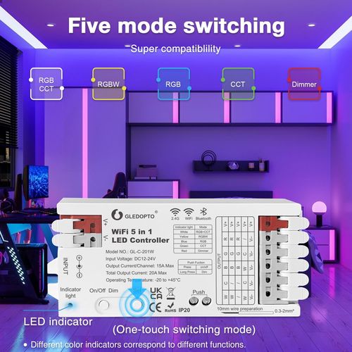 LED valdiklis Wi-Fi + RF, 12-24Vdc, 15A/CH, 20A MAX, RGB, RGBW, RGB+CCT, CCT, DIM, PUSH-DIM GL-C-201W 6978699220129