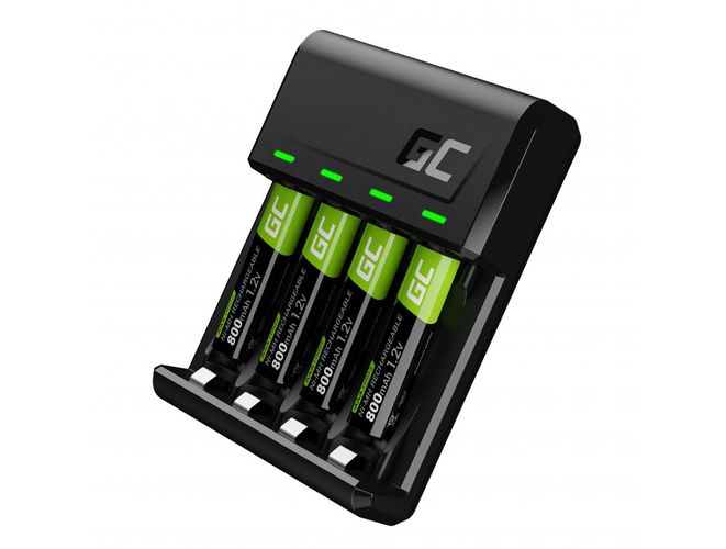 Charger 1-4AAA,AA NIMH micro-USB, USB-C, with LED and 4x batteries AAA / HR03 800mAh, Green Cell GC VitalCharger GRSETGC02