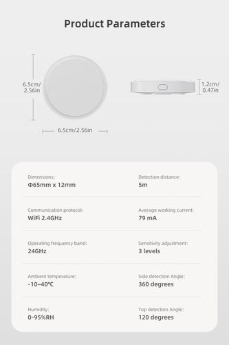 Motion and presence sensor, Wi-Fi, microwave, USB 5V, TUYA / Smart Life HE20 6976037361978