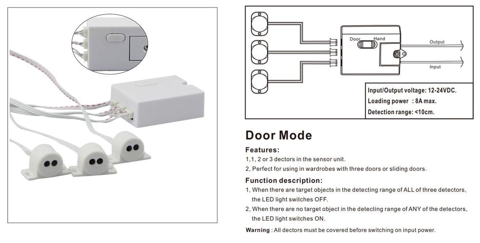 LED controller for three sensors, 12-24V 4A, works with hand/door motion IR-DH-BOX