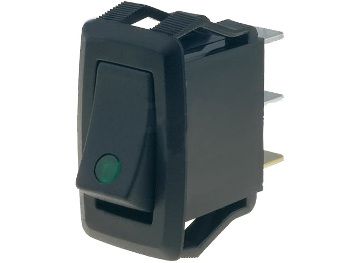 Rocker switch; (ON)-OFF, nonfixed, 3pins. 10A/250Vac, 27.2x13.6mm illuminated, SPST green 12V LED KE/MI/2A-G