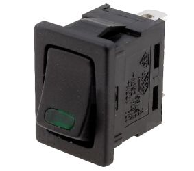 Rocker switch; ON-OFF, fixed, 2pins. 16A/250Vac, 21x15mm, SPST, green LED illumination KE/SM/2LG-LED