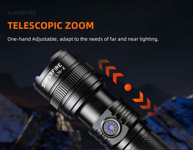 Flashlight L16-X, 400lm, with focus, rechargable USB C, 2x 18650 3400mAh, IP43 SUPERFIRE-L16-X 6974760351747