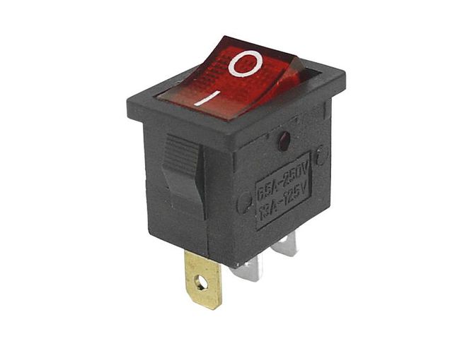 Rocker switch; ON-OFF, fixed, 3pins. 6A/250V, 10A/250VAC, 18.8x12.9x14.4mm SPST red. NEON KE/SM/LI/220R