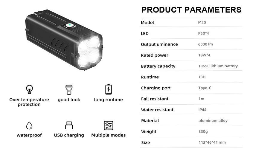 Flashlight M20, 6000lm, 4x18W, rechargable USB C, 4x 18650 10400mAh, IP44 SUPERFIRE-M20 6956362933040