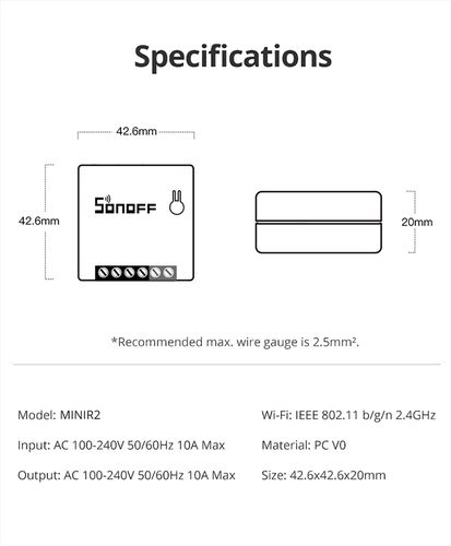 Smart Wi-Fi switch SONOFF MINI R2, 2200W, 230VAC, controlled by App, possibility to manage by voice SONOFF-MINI