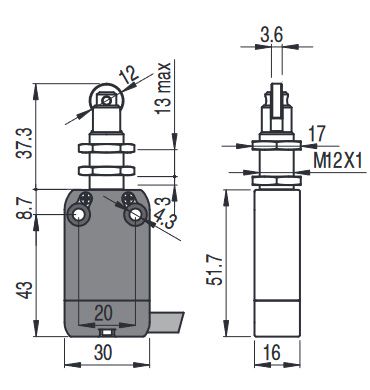 Modular prewired switch with plunger with roller and M12 threaded bearing NF B110FB-DN2, Pizzato NF-B110FB-DN2 8018851152726