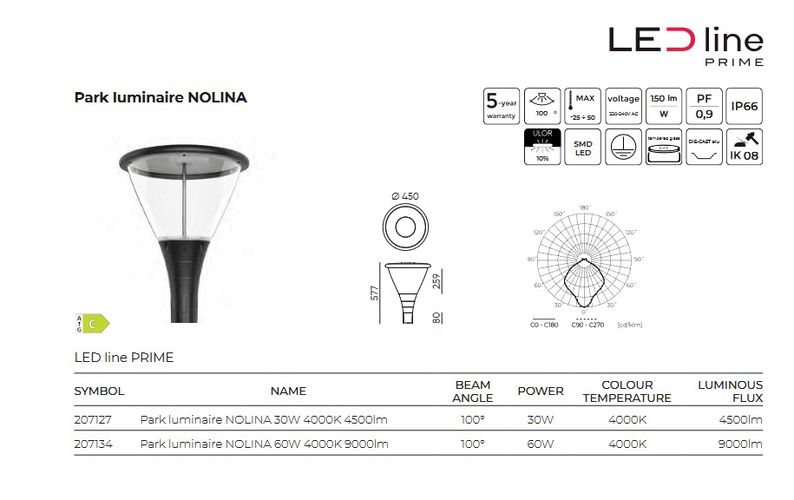 Park luminaire NOLINA, 230Vac, 60W, 9000lm, black 207134 5905378207134