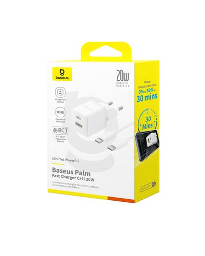 Wall Fast Charger Palm 20W USB + USB-C QC3.0 PD3.0 with USB-C Cable 1m, White P10111608213-01 6932172677374