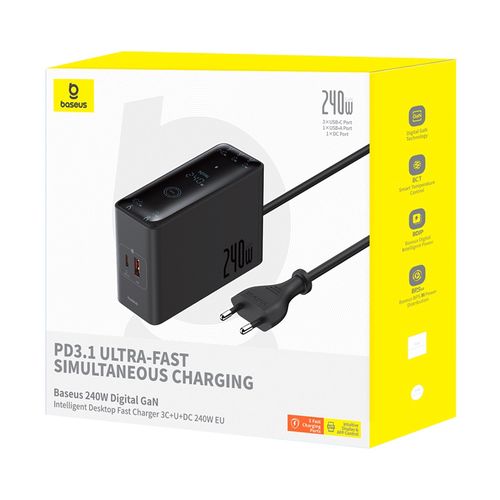 Desktop Fast Charger Digital GaN Intelligent 240W USB + 3xUSB-C + DC 5.5mm PD3.1 with USB-C 1m Cable, Black P10163901113-00 6932172646110