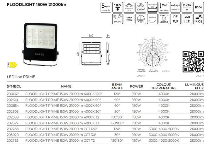 LED floodlight PRIME, 230Vac, 150W, 21 000lm, 140lm/W, CCT 3000K 4000K 5000, IP66, 120° 202788 5905378202788