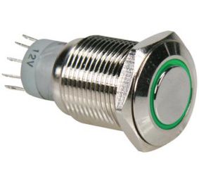 Vandal resistant push button; OFF-(ON) nonfixed, 4pins; 0.5A/250VAC, DPST green illumination (12VDC ) R1610G 5410329380694