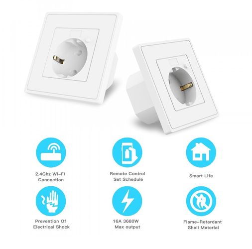 Smart wall socket Wi-Fi, 2300W, with schedule ant timer modes, white, WOOX R4054 8435350740542