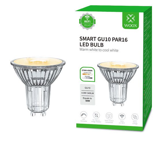 LED bulb GU10, 230V, 4.9W, 345lm, 2700K - 6500K, CCT, MR16, smart Wi-Fi, app controllable, TUYA / Smart Life, WOOX R5143 8435606714990