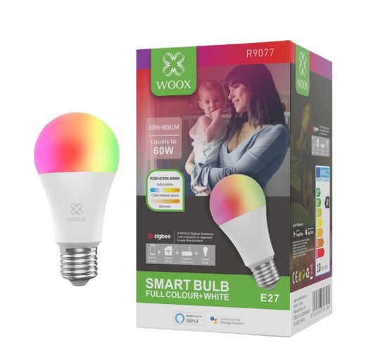 LED bulb E27, 230V, 10W, 806lm, 2700K - 6500K, CCT, RGB, smart Zigbee, app controllable, TUYA, WOOX R9077 8435606703581