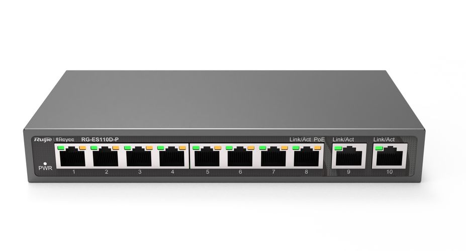 10 Ports Switch Ruijie RG-ES110D-P (Unmanaged, 8 x PoE+) RUIJIERGES110DP
