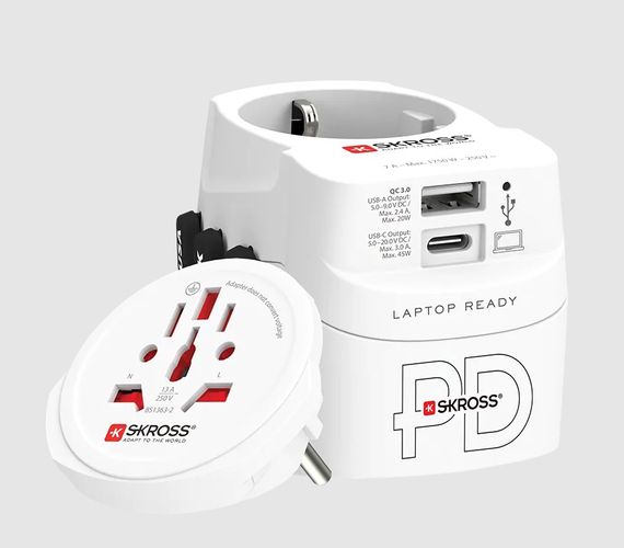 Travel adapter: Sockets EU/FR/USA/UK/AU; plugs UK/EU/FR/USA/IT/AU 100250V AC 7A; USB 45W SKROSS SKR/1302474 7640166329107