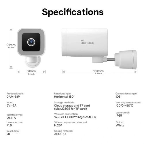 Wi-Fi outdoor camera BULLET B1P, 2K 1440p, IP65, USB-A powered, SD up to 128GB SONOFF-B1P 6920075743357