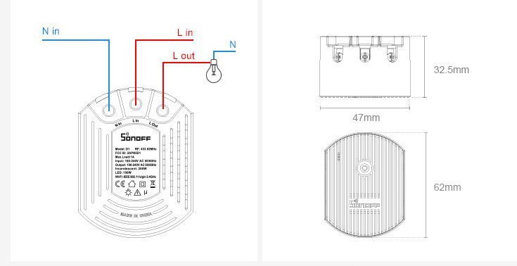 Wireless light dimmer 230Vac, 150W, TRIAC, Wi-Fi, Sonoff SONOFF-D1 6920075775716; 6920075779929