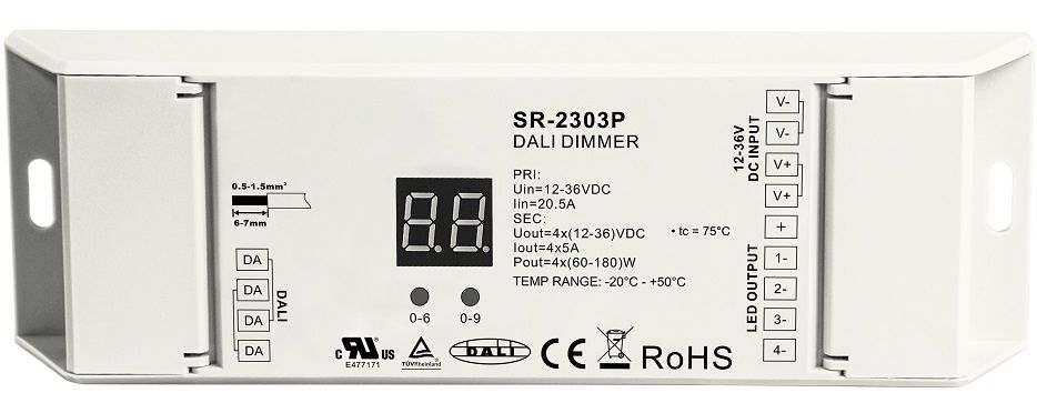 LED dimmer DALI, RGBW / CCT / MONO, 4x5A 12-36Vdc, Sunricher SR-2303P