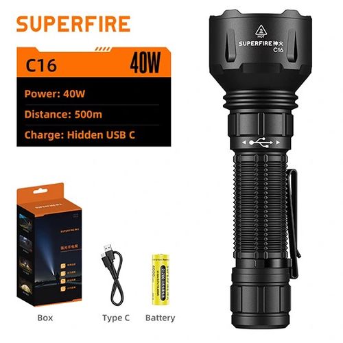 Flashlight LED C16, 2700lm, 40W, rechargable USB-C, 4000mAh SUPERFIRE-C16