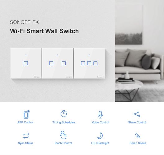 3 channel smart touch wall switch SONOFF, controlled by Wi-Fi, 240W/1 channel, 720W/total, 230VAC, Sonoff SONOFF-T0EU3C 6920075725230