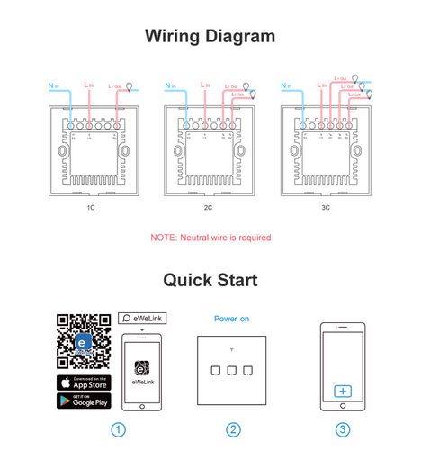3 channel smart touch wall switch SONOFF, controlled by Wi-Fi, 240W/1 channel, 720W/total, 230VAC, Sonoff SONOFF-T0EU3C 6920075725230