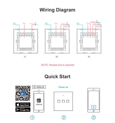 1 channel smart touch wall switch SONOFF, controlled by Wi-Fi + RF, 480W/channel, 230VAC, Sonoff SONOFF-T3EU1C