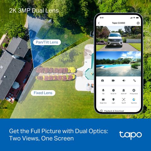 Lauko / Vidaus Wi-Fi kamera su dviem objektyvais, 2K 3MP F2.8 + F6.0, IP65, MicroSD iki 512GB TAPO-C246D