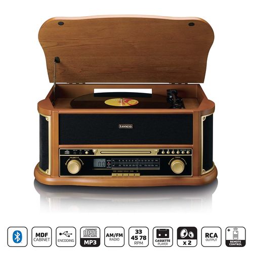 Wooden retro Record Player with Bluetooth® AM/FM radio USB encoding CD player cassette player and built-in speakers TCD-2551WD 8711902082903