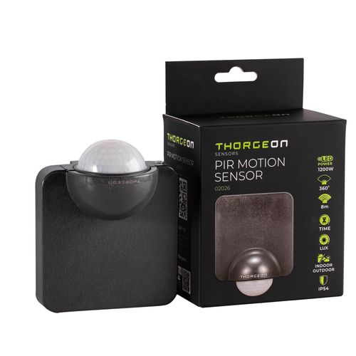 PIR motion sensor, 230Vac, 1200W, 8m, wall mount, IP54, black THORGEON-02026 4751029899637